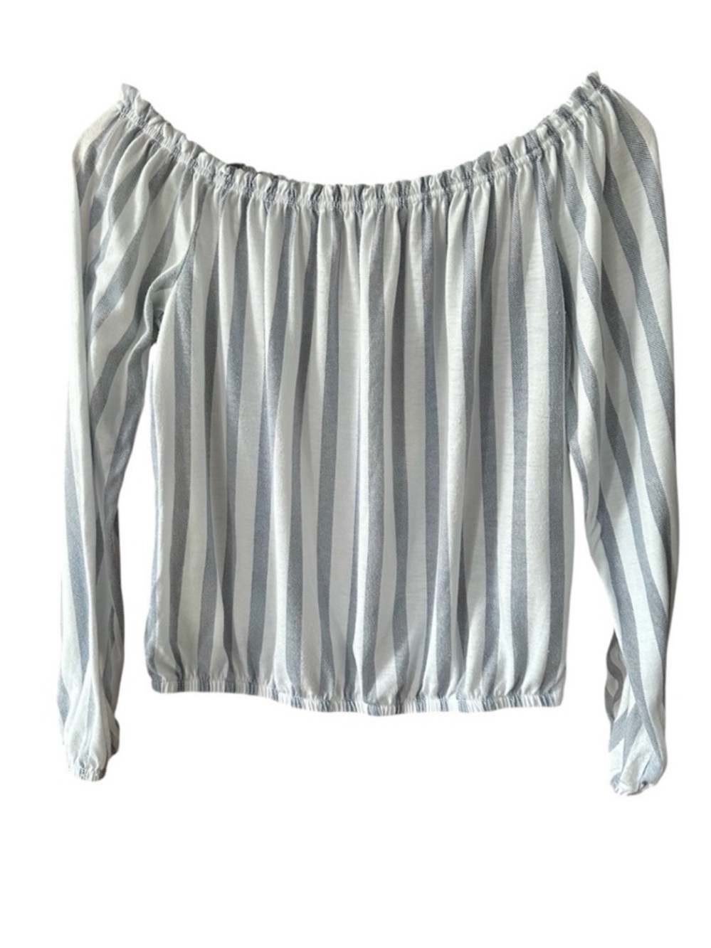 Vertical Stripe White Blue Off The Shoulder Long Sleeve Top Nautical Yachty - M